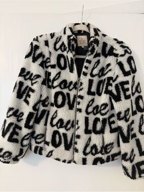 Black & White 'LOVE' Faux Sherpa Puffer Jacket